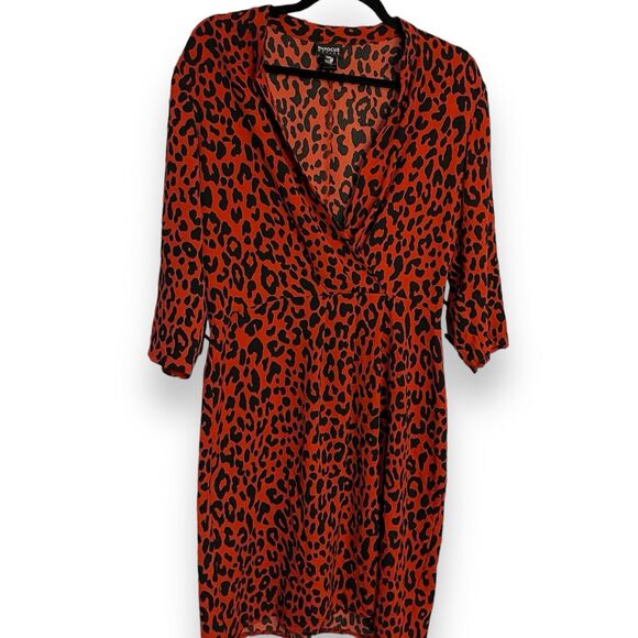 En Focus Faux Wrap Knee Length Dress Women's 12 P Red Leopard Print Lightweight - Picture 1 of 9